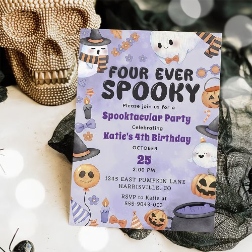 Spooky Halloween Cute Ghost 4th Birthday Invitation