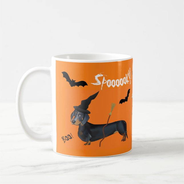 Spooky Halloween Dachshund Witch & Mummy Coffee Mug (Left)