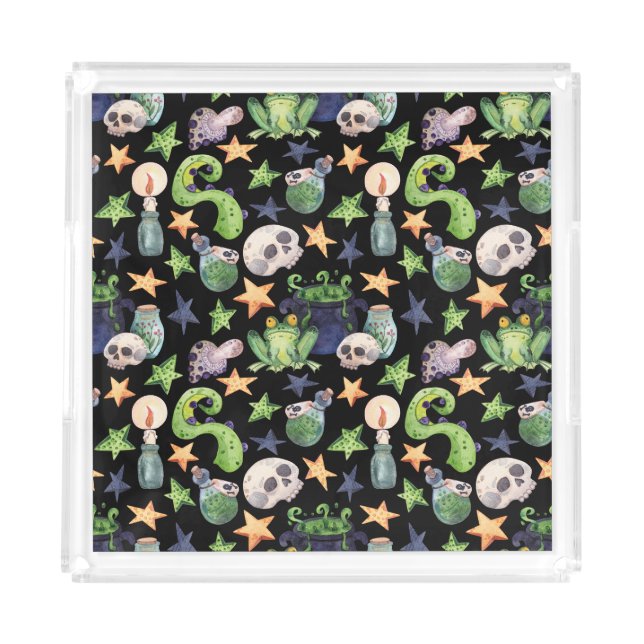 Spooky Halloween: Dark Hand-Drawn Pattern. Acrylic Tray (Front)