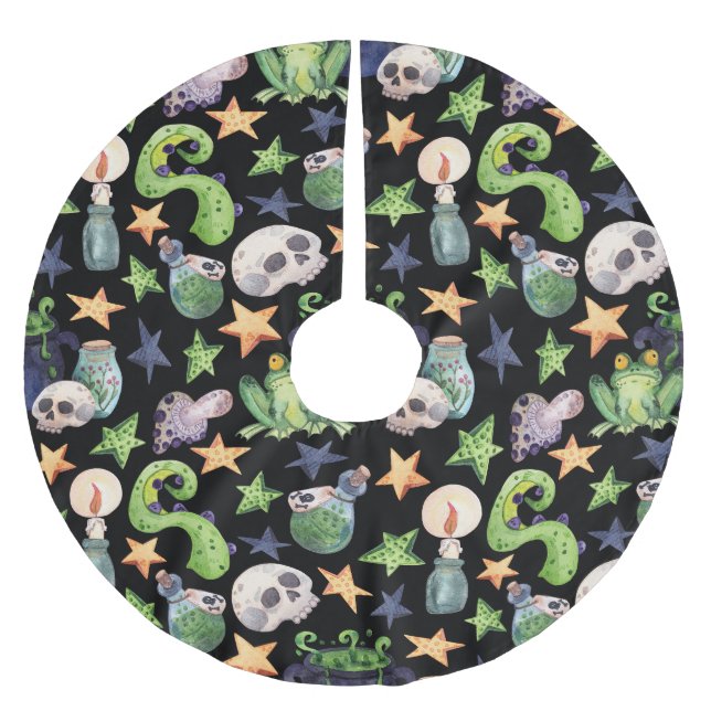 Spooky Halloween: Dark Hand-Drawn Pattern. Brushed Polyester Tree Skirt (Front)