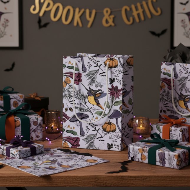 Spooky Halloween Floral Hummingbird Garden Small Gift Bag (Spooky & Chic Hummingbird Halloween Floral Gift Bag in Purple for Fall Party, Halloween Birthday. )