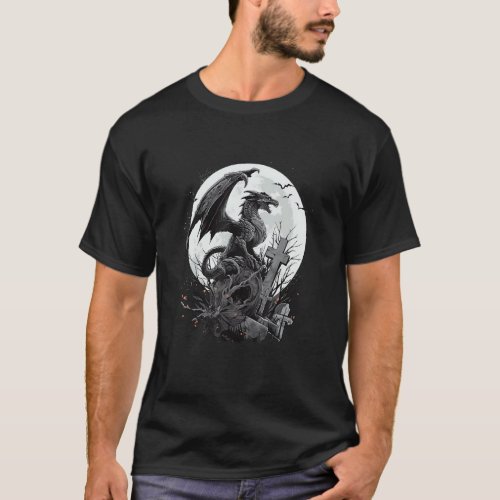 Spooky Halloween Full Moon Cemetery Dragon T-Shirt