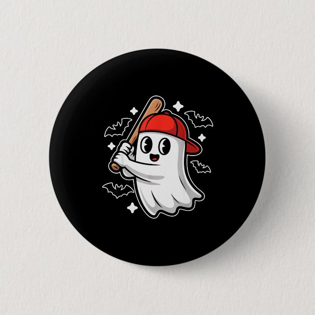 Spooky Halloween Ghost And Bats Baseball Costume G Button (Front)