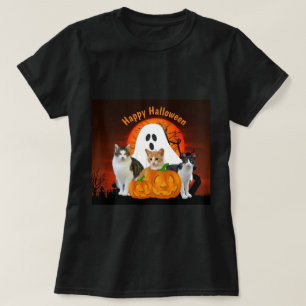 Spooky Halloween Ghost and Cats in Graveyard T-Shirt