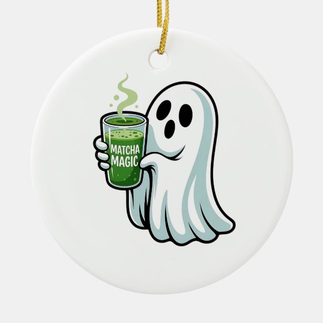 Spooky Halloween Ghost Drinking Matcha Drink  Ceramic Ornament (Front)