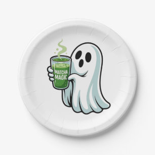Spooky Halloween Ghost Drinking Matcha Drink Paper Plates
