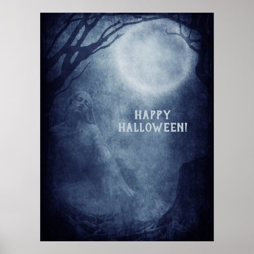 Spooky Halloween Ghost Full Moon at Night Poster