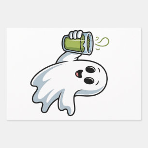 Spooky Halloween Ghost Holding Matcha Wrapping Paper Sheets