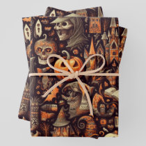Spooky Halloween Ghost Pattern Black Wrapping Paper Sheets