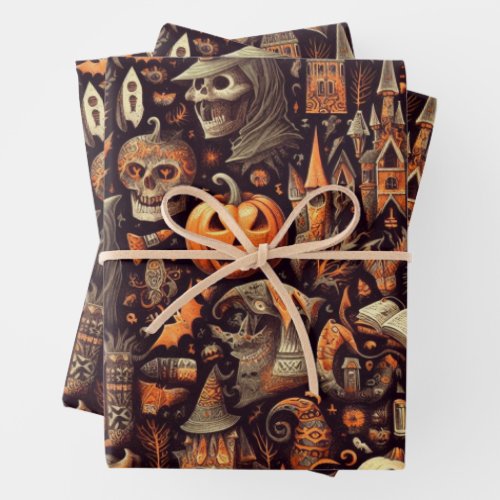 Spooky Halloween Ghost Pattern Black Wrapping Paper Sheets