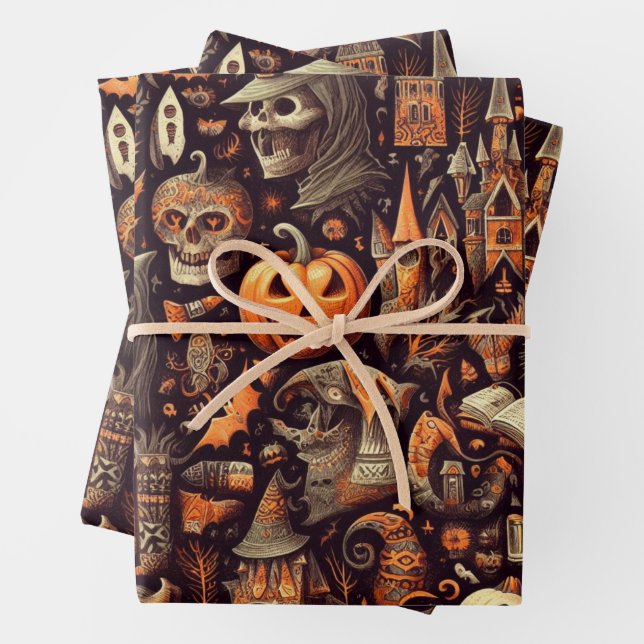Spooky Halloween Ghost Pattern Black Wrapping Paper Sheets (In situ)
