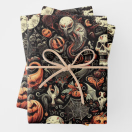 Spooky Halloween Ghost Pattern Black Wrapping Paper Sheets
