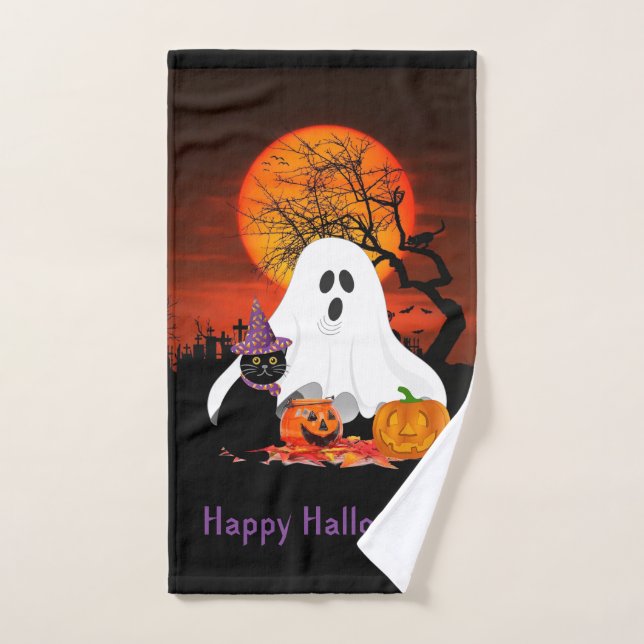 Spooky Halloween Ghost Pumpkin Cat Hand Towel (Hand Towel)
