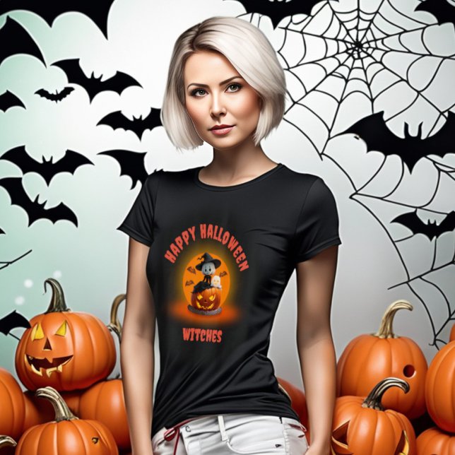Spooky Halloween Ghost Witch on Carved Pumpkin T-Shirt (Creator Uploaded)
