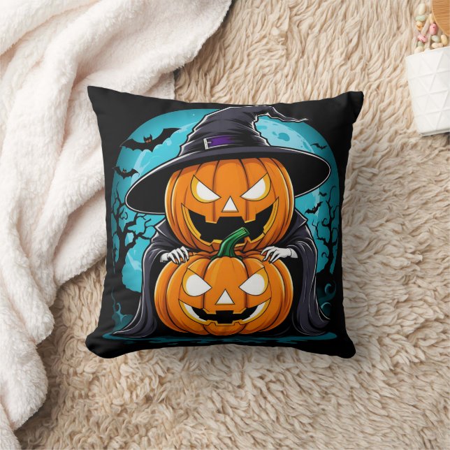 Spooky Halloween ghost with enchanted pumpkins Throw Pillow (Blanket)