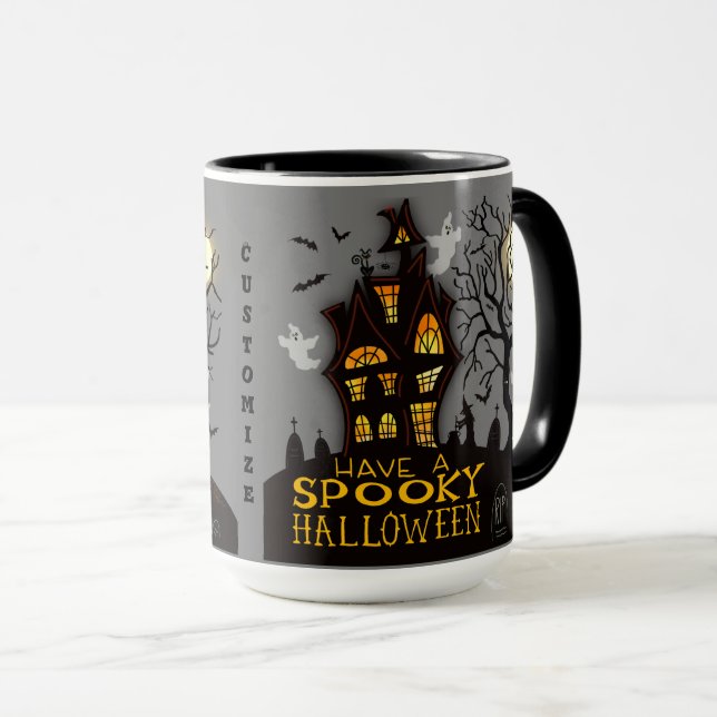 Spooky Halloween Ghosts Haunted House Customizable Mug (Front Right)