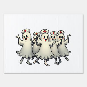 Spooky Halloween Ghosts in Nurse Suits Sign