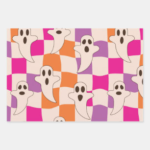 Spooky Halloween Ghosts on Checkerboards Pattern  Wrapping Paper Sheets
