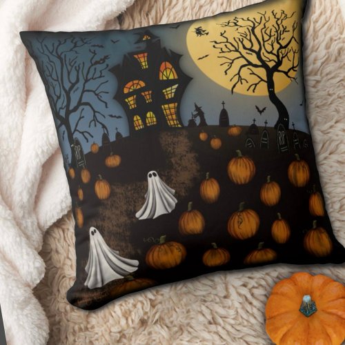 Spooky Halloween Ghosts Pumpkin Patch Throw Pillow