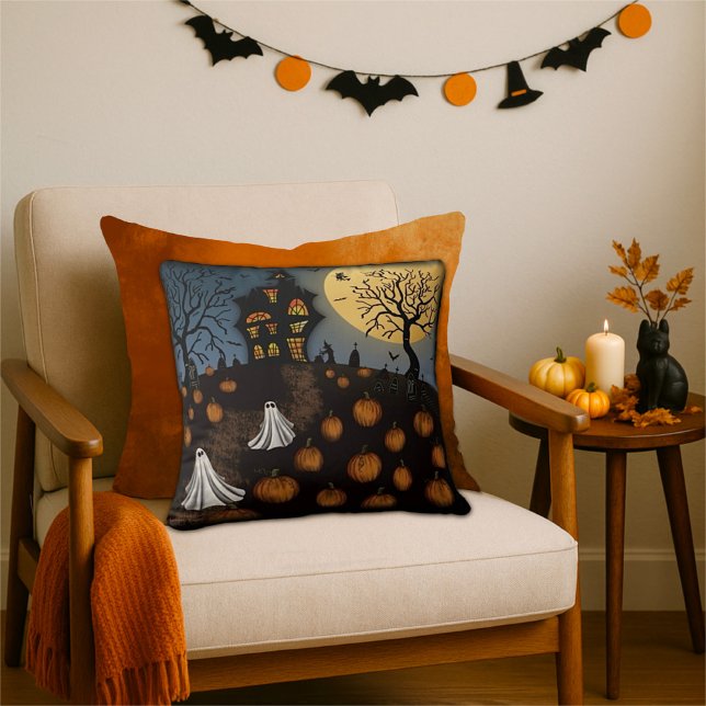 Spooky Halloween Ghosts Pumpkin Patch Throw Pillow (Creator Uploaded)