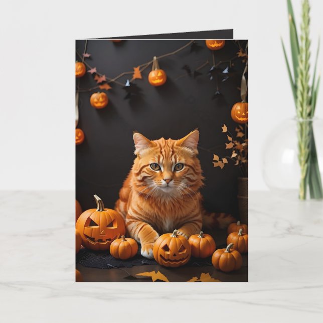 Spooky Halloween Ginger Cat and Pumpkins Holiday Card (Front)