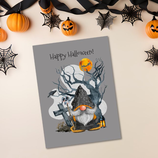 Spooky Halloween Gnome Holiday Card (Creepy Gnome Skull & Shadows Halloween Holiday Card)