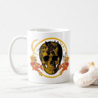Spooky Halloween golden Skull with black Rose Coffee Mug