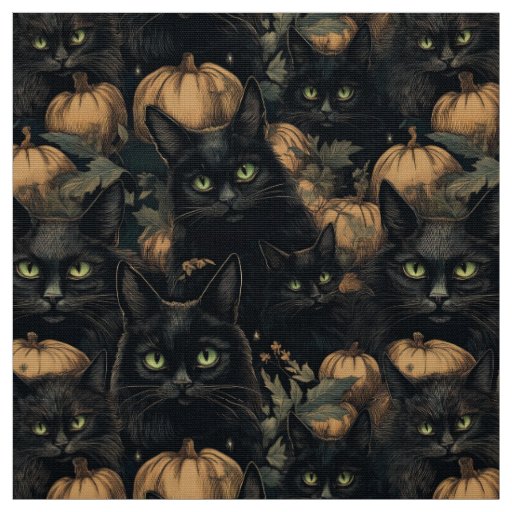 Spooky halloween gothic black cat and pumpkin fabric