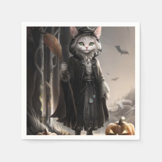 Spooky Halloween Gothic Cat in Misty Forest Design