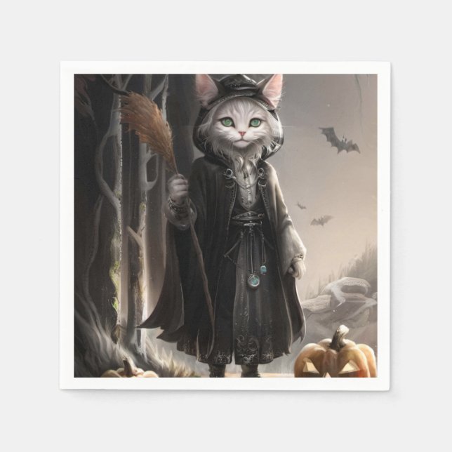 Spooky Halloween Gothic Cat in Misty Forest Design Napkins (Front)