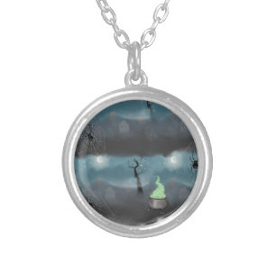 Spooky Halloween Grave Yard and Spider Webs Wrapp Silver Plated Necklace