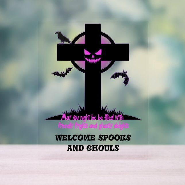 Spooky Halloween Graveyard Cross Acrylic Sign (Neutral)