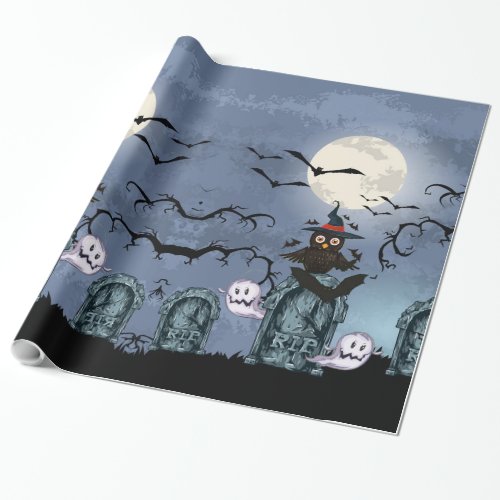 Spooky Halloween Graveyard With Owl In A Fool Moon Wrapping Paper