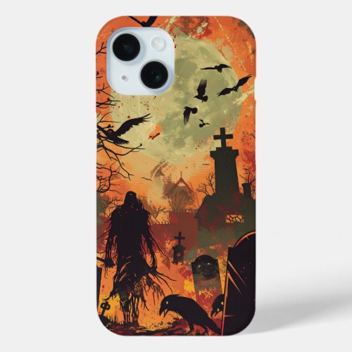 Spooky Halloween Graveyard Zombie Raven Skeleton iPhone 15 Case