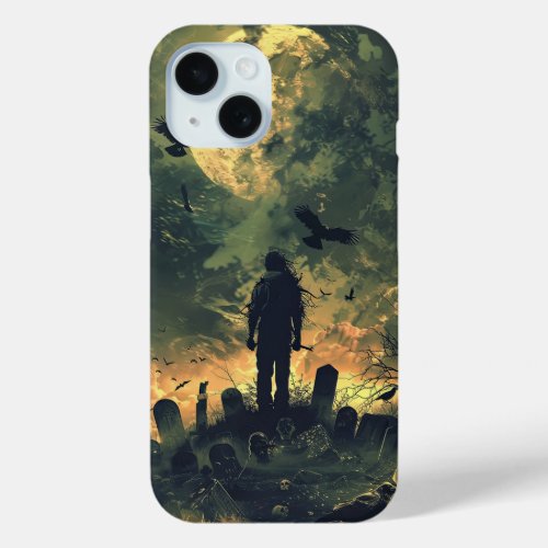 Spooky Halloween Graveyard Zombie Raven Skeleton iPhone 15 Case