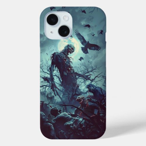 Spooky Halloween Graveyard Zombie Raven Skeleton iPhone 15 Case