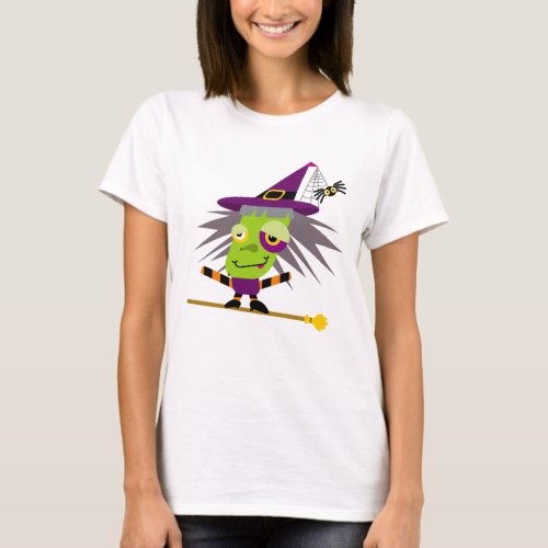 Spooky Halloween Green Witch Cartoon T_Shirt