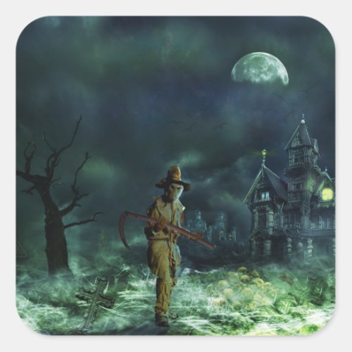 Spooky Halloween Grim Reaper and Haunted House Square Sticker