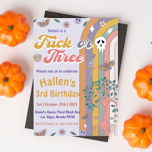 Spooky Halloween Groovy Rainbow 3rd Birthday Party Invitation