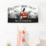 Spooky Halloween Happy Boo Day Birthday  Banner<br><div class="desc">This spooky Halloween birthday banner is perfect for a Halloween birthday party. These banner for Halloween birthday feature a black splotched ink background with a fiery jack o'lantern,  human skull,  black crow,  and a witches broom. Text says "Happy Boo Day." Personalize with the name of your choice.</div>