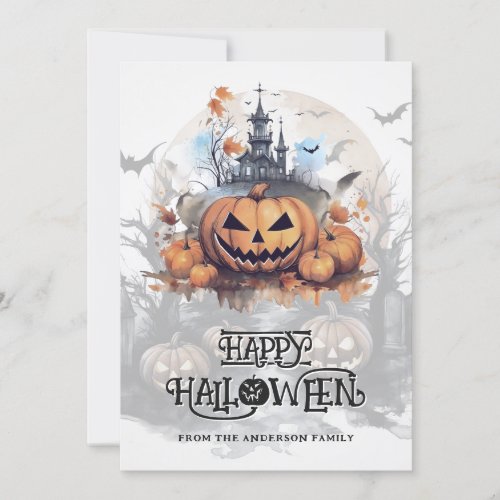Spooky Halloween Haunted House Bats Jack_O_Lantern Holiday Card