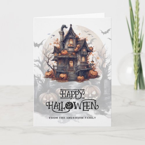Spooky Halloween Haunted House Bats Pumpkins Photo Card