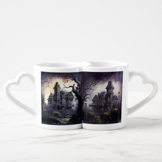 SPOOKY HALLOWEEN HAUNTED HOUSE COFFEE MUG SET (Front Nesting)