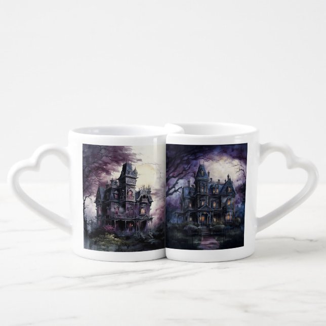 SPOOKY HALLOWEEN HAUNTED HOUSE COFFEE MUG SET (Front Nesting)