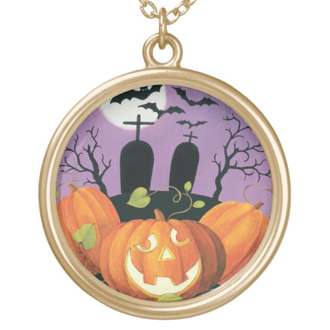 Spooky Halloween Haunted House Gold Plated Necklace (Front)