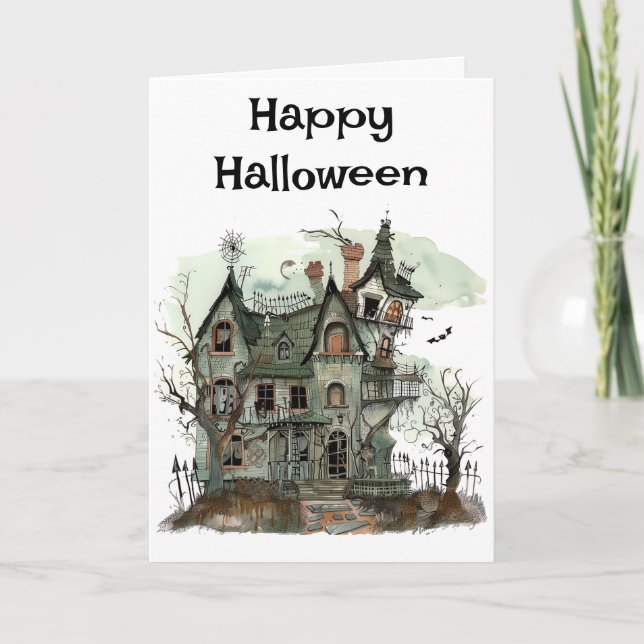 Spooky Halloween Haunted House Greeting Card (Front)