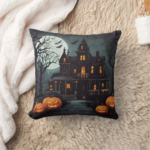 Spooky Halloween Haunted House Throw Pillow