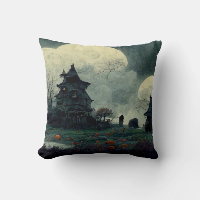 Spooky Halloween Haunted House Throw Pillow (Front)