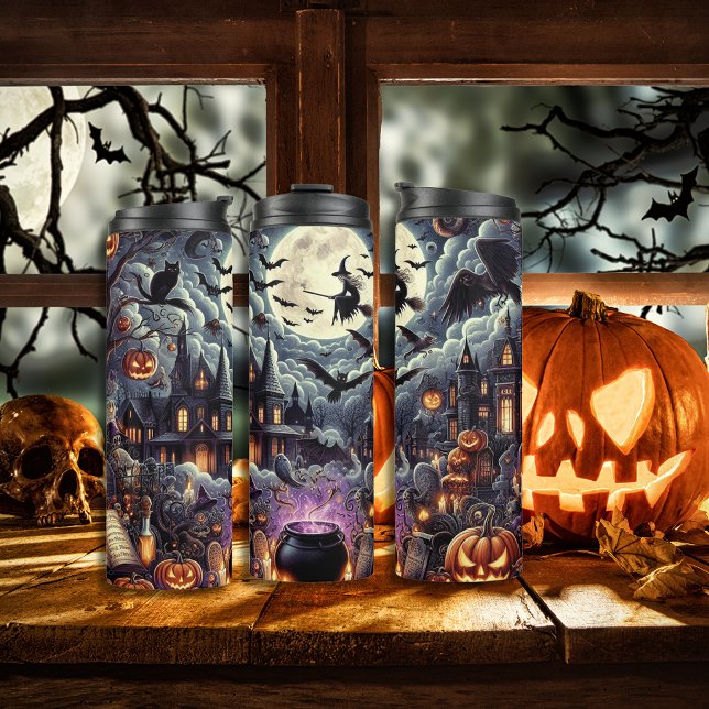 Spooky Halloween haunted house Witch and Pumpkins Thermal Tumbler (Spooky Halloween haunted house Witch and Pumpkins Thermal Tumbler)