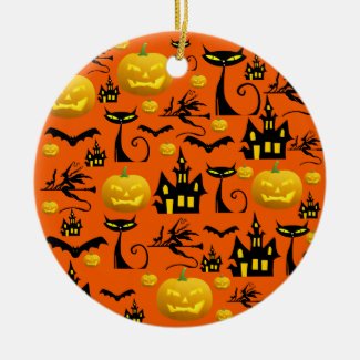 Spooky Halloween Haunted House with Bats Black Cat Christmas Ornament